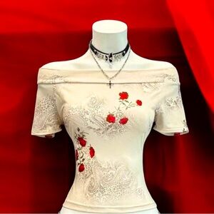 Vintage Off-Shoulder Form Fitting Top with Red Floral Accents